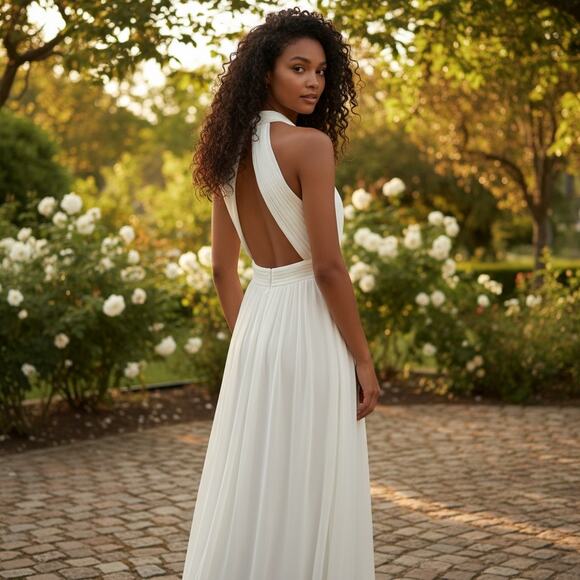 CACHE Maxi Greek Goddess Gown Beaded Belt Size 12 Open Back Zipper Closure - Picture 2 of 11